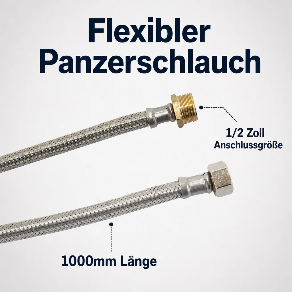 Panzerschlauch 1/2 Zoll, Edelstahl, Flexibel, 1000mm, DVGW