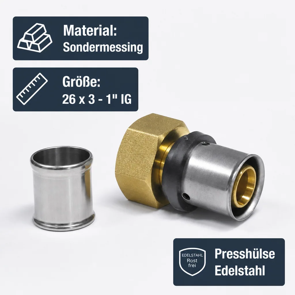 Pressfitting Übergangverschraubung 26x3, 1 Zoll IG, Multikontur