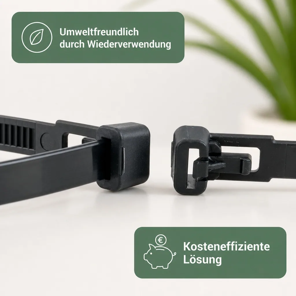 Kabelbinder schwarz, 100 Stück, 370x7,6mm, wiederlösbar, UV-beständig