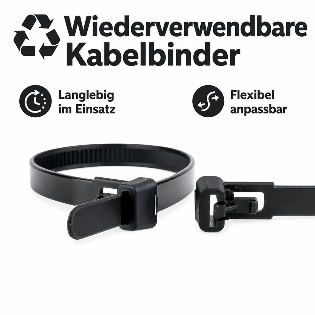 Kabelbinder schwarz, 100 Stück, 370x7,6mm, wiederlösbar, UV-beständig
