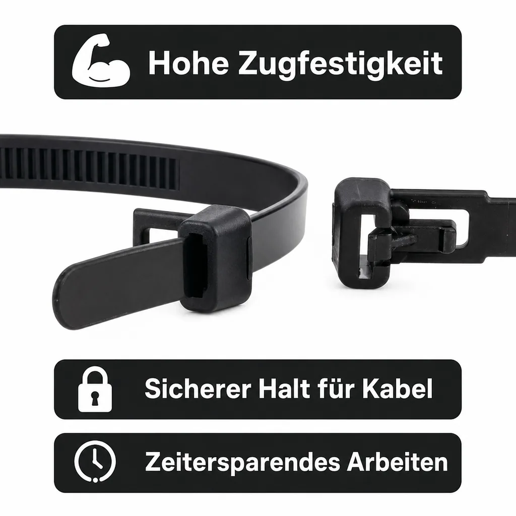 Kabelbinder schwarz, 100 Stück, 370x7,6mm, wiederlösbar, UV-beständig