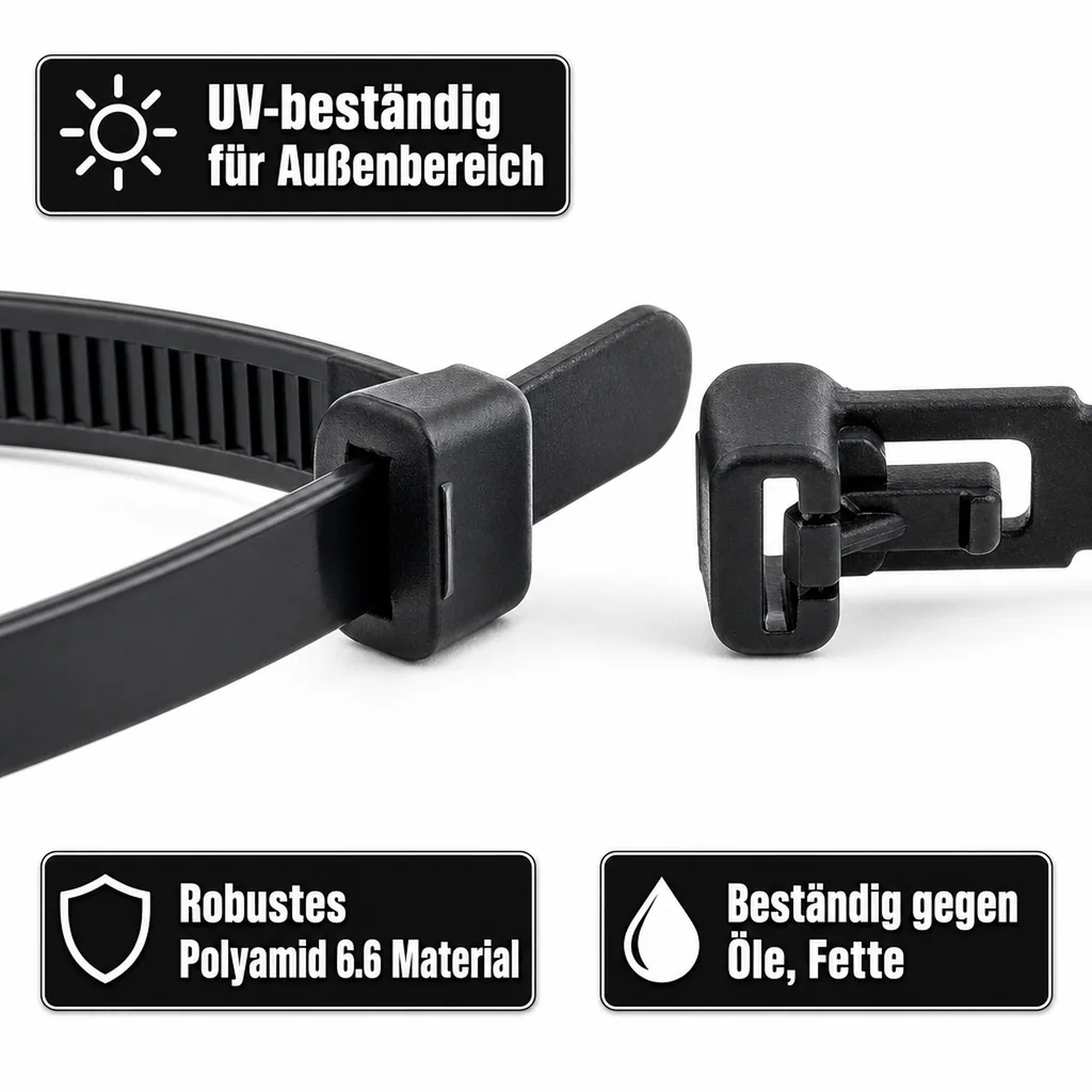 Kabelbinder schwarz, 100 Stück, 370x7,6mm, wiederlösbar, UV-beständig