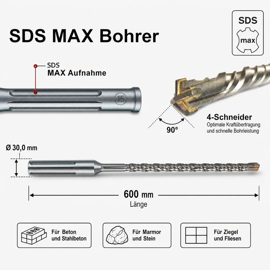 Hammerbohrer für SDS-MAX 4-Schneider Ø 30,0mm x 600mm Länge