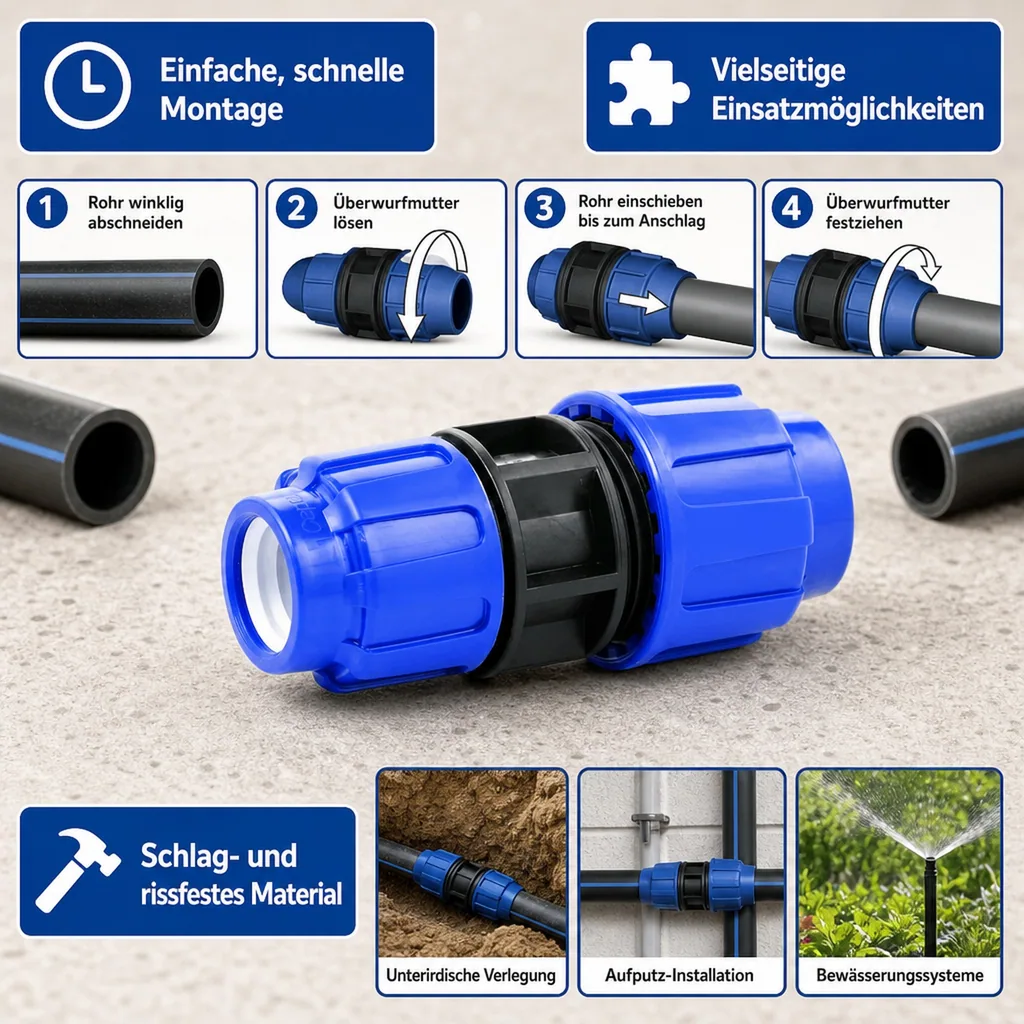 PE Rohr Verschraubung, Reduzierverschraubung 32 x 20, PP Klemmverschraubung, Rohrverbinder PE