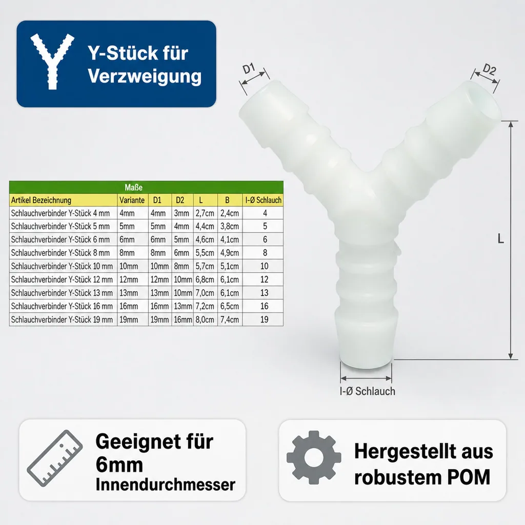 Schlauchverbinder 6mm, Y-Stück, Kunststoff, Schlauchkupplung