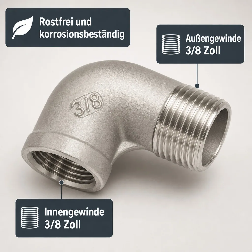 Edelstahl Winkel, Gewindefitting, 90° Winkel, 3/8 Zoll IG/AG