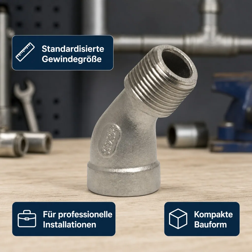 Edelstahl-Eckstück, 45-Grad-Rohranschluss, 1" Gewinde-Eckstück