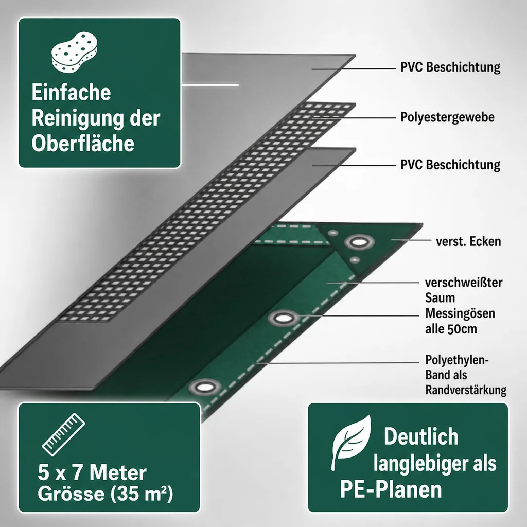 PVC Plane grün 5x7m (35m²), Abdeckplane 650 g/m², LKW Plane, wasserdicht