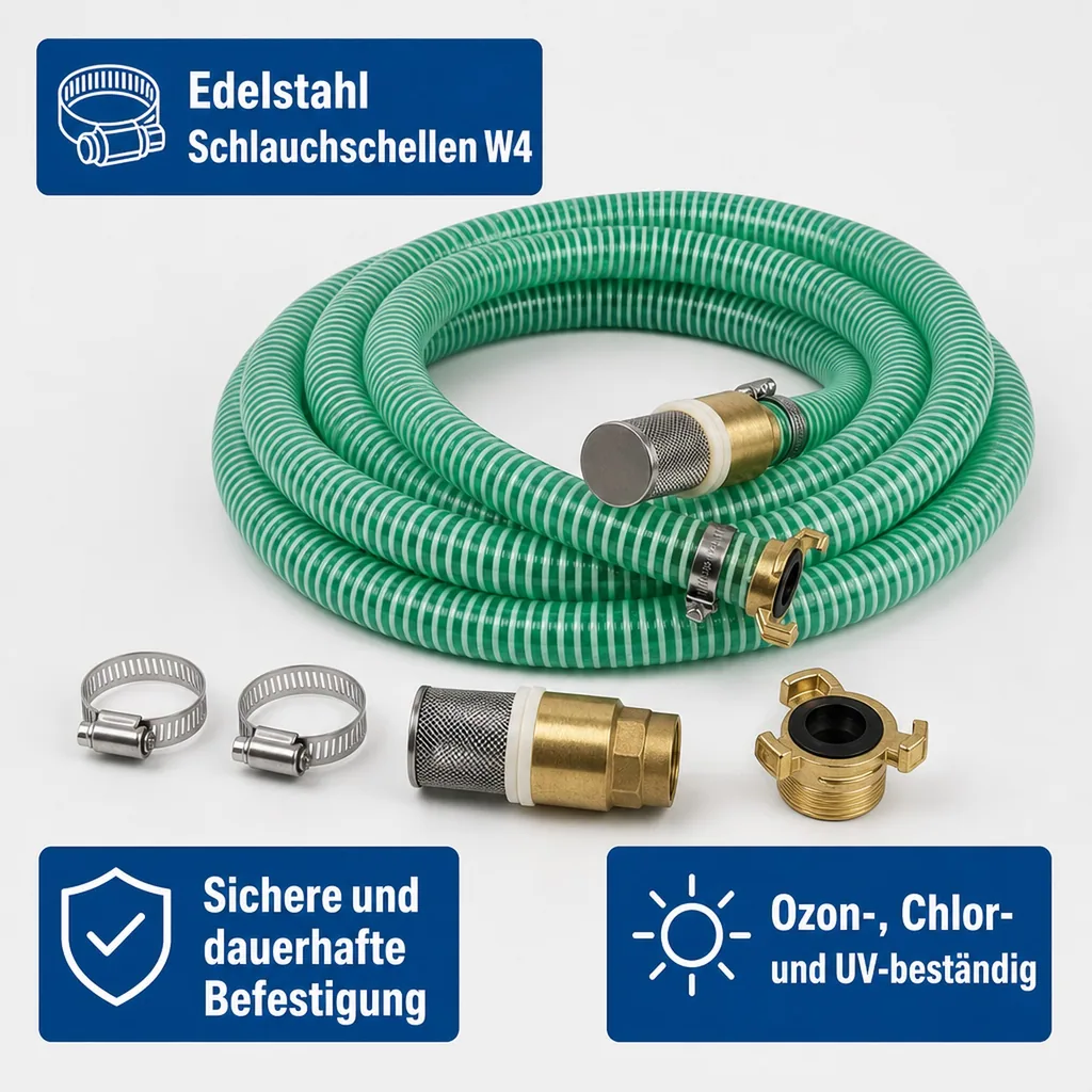 Saugkorb mit Rückschlagventil, Saug- Druckschlauch Set 25mm, 10m, Schnellkupplung, Fußventil Messing