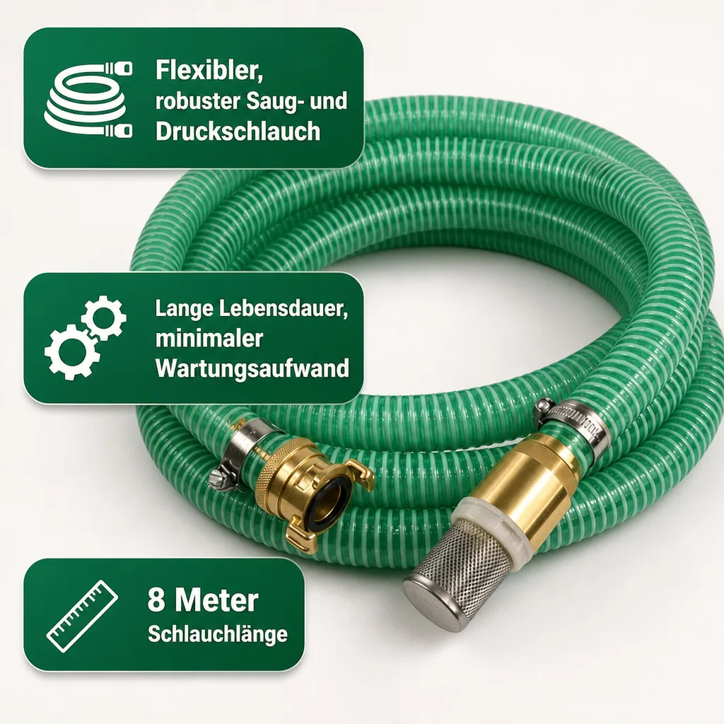 Saug- und Druckschlauch Set 8m, 1 Zoll, mit Saugkorb, Rückschlagventil, Saugkupplung