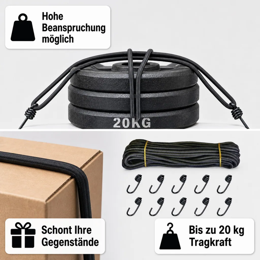 Expanderseil 8mm schwarz 20m, Gummiseil mit 10 Spiralhaken