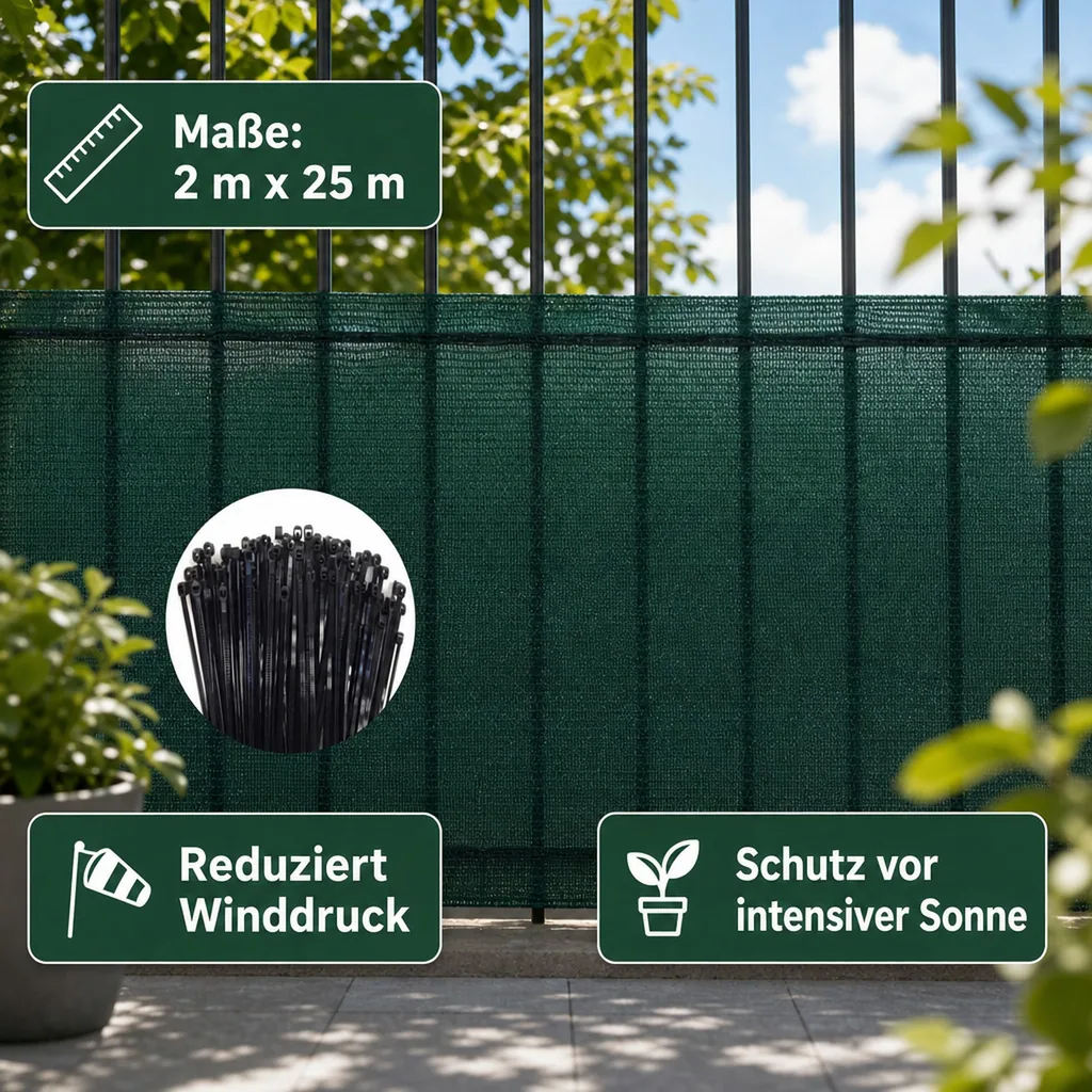 Sichtschutznetz, Windschutznetz, 2 m Breite, 25 m, inkl. Befestigungsmaterial
