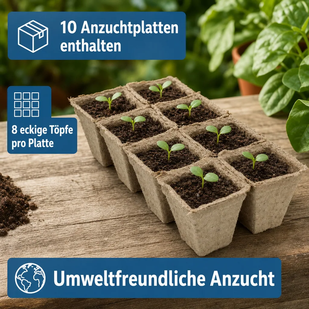 Anzuchtplatten 10 Stück, 6x6 cm, kompostierbar, 8 eckige Töpfe