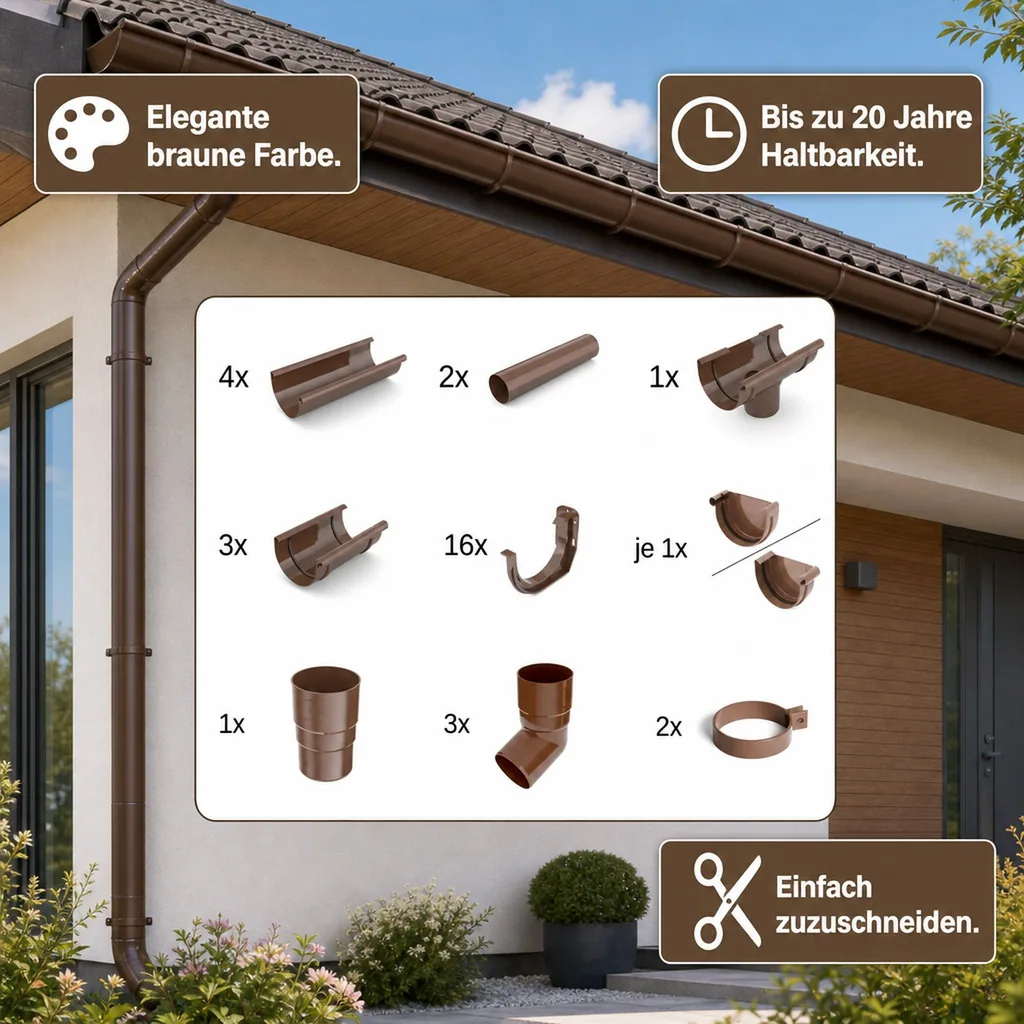 Regenrinne Set 8m braun, Dachrinne System 75, Kunststoff