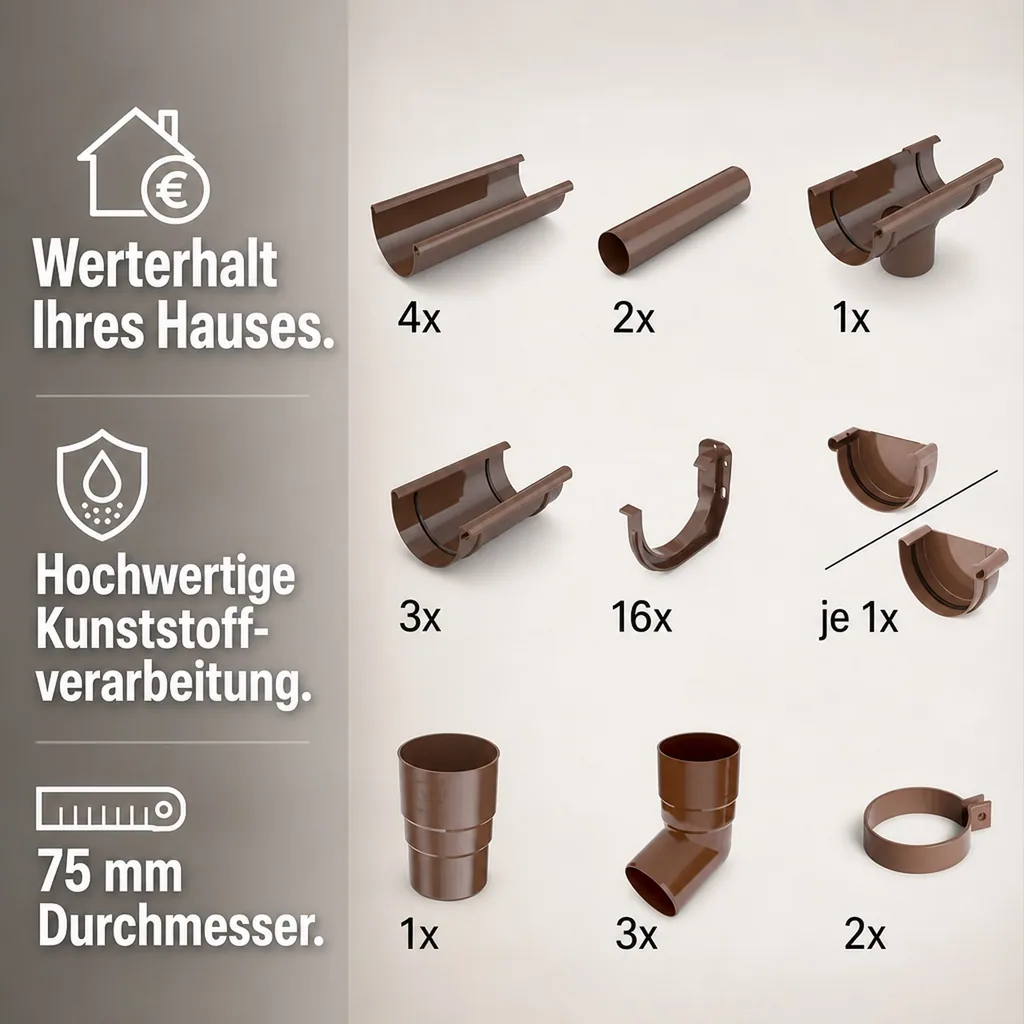 Regenrinne Set 8m braun, Dachrinne System 75, Kunststoff