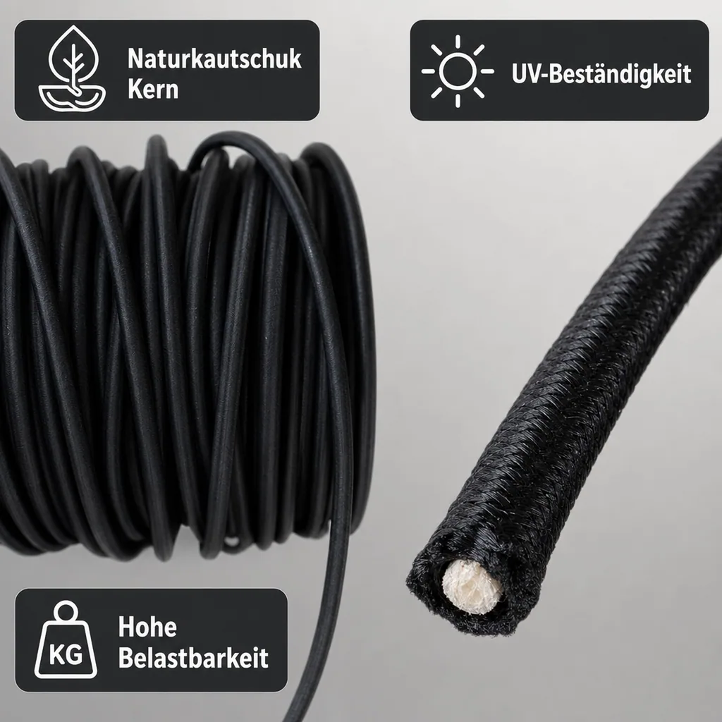 Expanderseil, 8 mm, schwarz, 75 m, Gummiseil für Plane, PP Seil