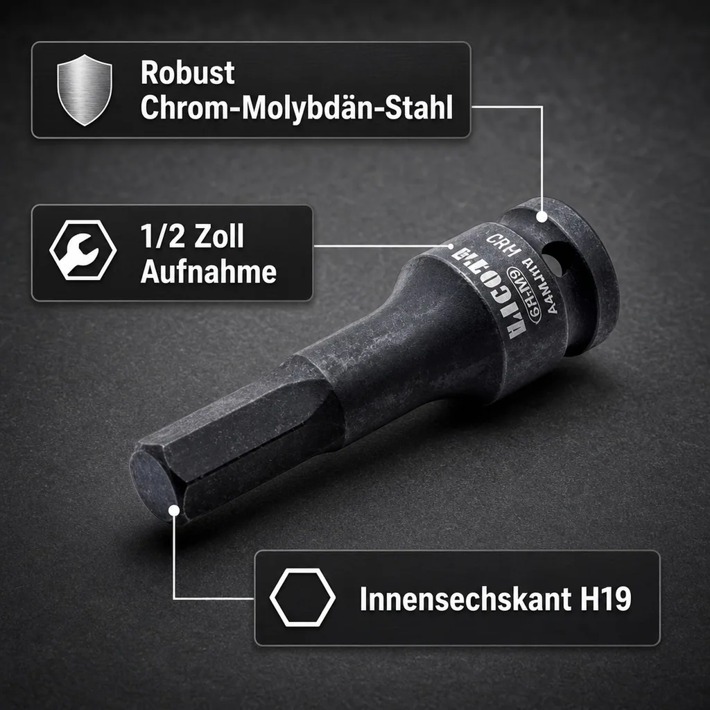 Schlagschraubernuss, Innensechskant Nuss, 1/2 Zoll, H19, Cr-Mo