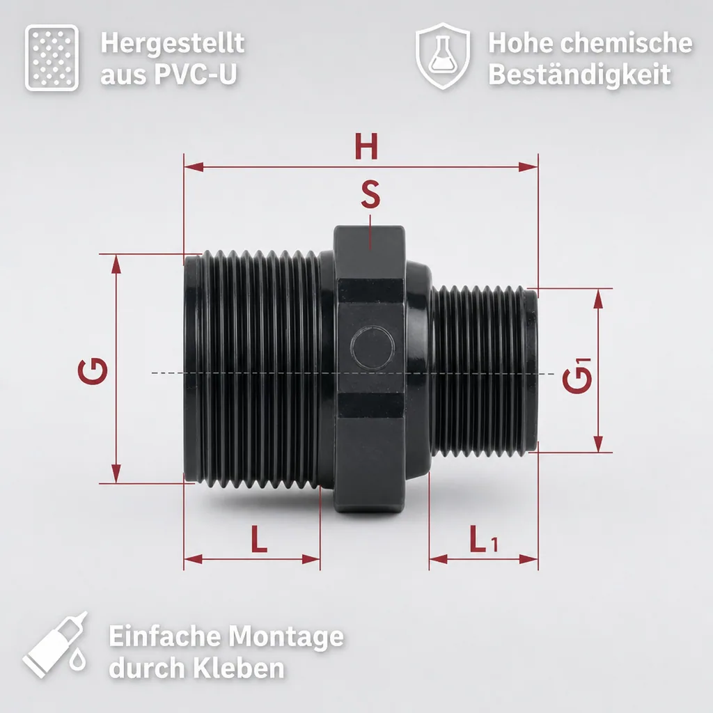PVC Fitting, Reduzier Doppelnippel, 1 1/2" x 1", PVC-U, Rohrverbinder