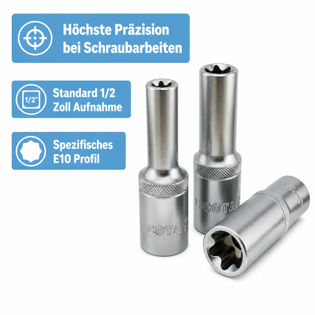 Innensechskant Nuss E10, Aussen Innensechskant 1/2 Zoll, Werkzeugnuss