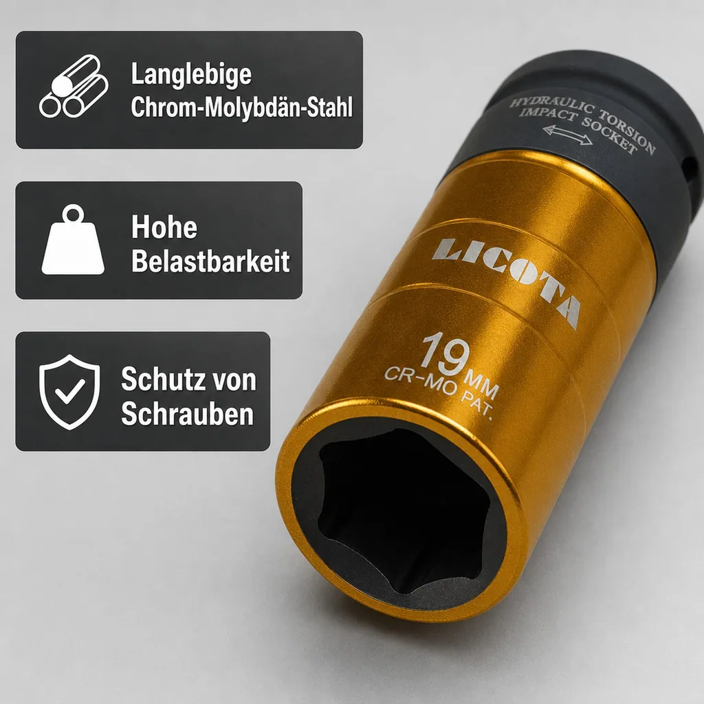 Schlagschraubernuss, Torsionsnuss SW 19, 100mm, Kraft-Schoneinsätze