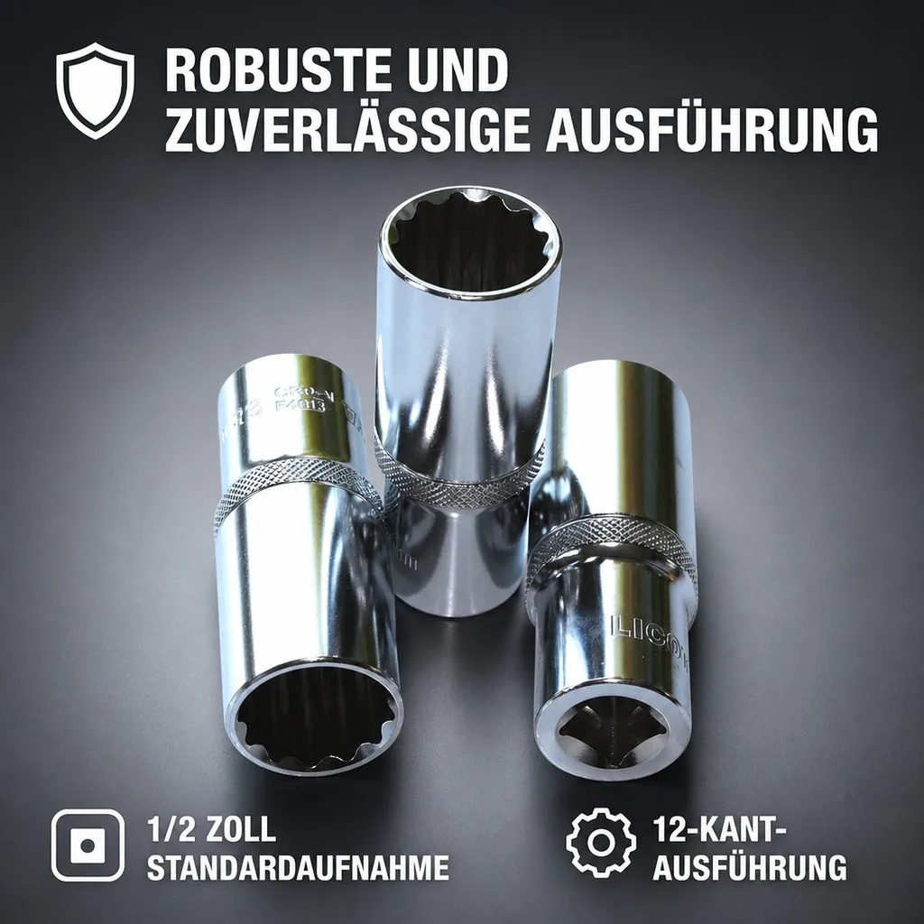 Stecknuss 1/2 Zoll, Langnuss, 13mm, 12 Kant, CR-V, Industriequalität