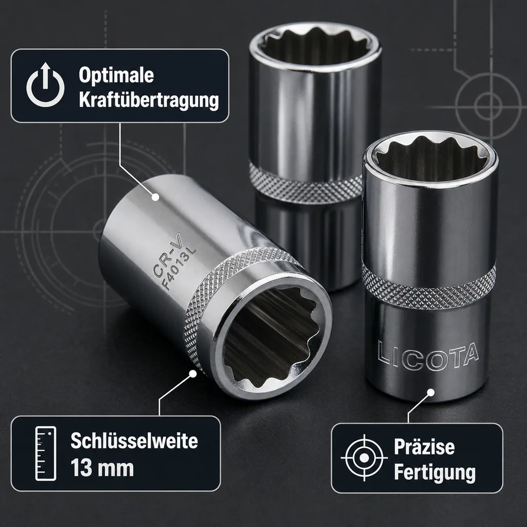 Stecknuss 1/2 Zoll, Langnuss, 13mm, 12 Kant, CR-V, Industriequalität