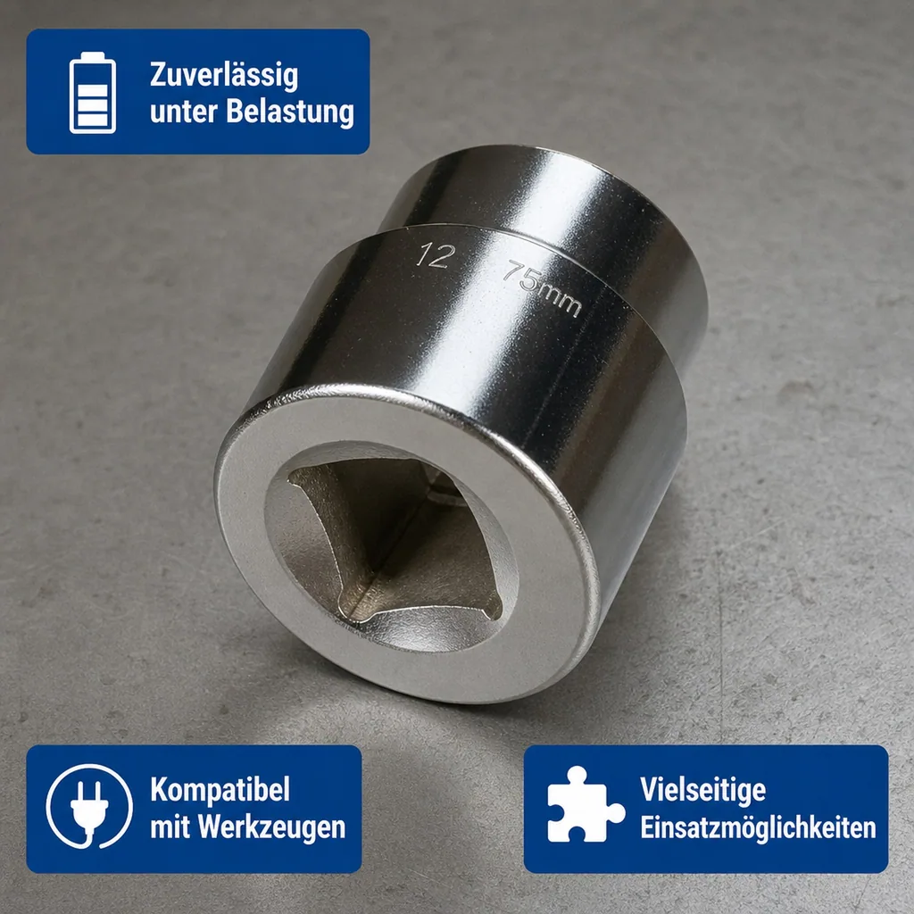 1 Zoll Nuss, 12 Kant, 75mm, Chrom Vanadium Stahl, Werkstatt