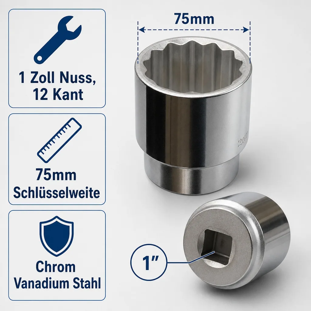 1 Zoll Nuss, 12 Kant, 75mm, Chrom Vanadium Stahl, Werkstatt