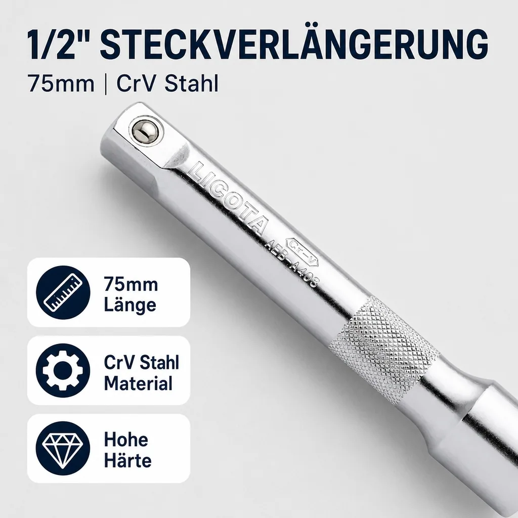1/2 zoll Verlängerung 75mm, CrV Stahl, Steckschlüssel Verlängerung