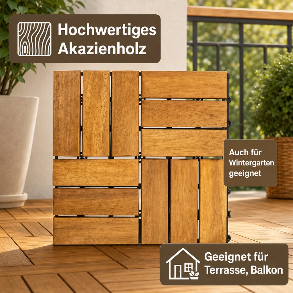 Terrassenfliesen, Akazien Terrassenfliesen, Mosaik CLICK 30x30x2,4 cm, Holzfliesen Terrasse