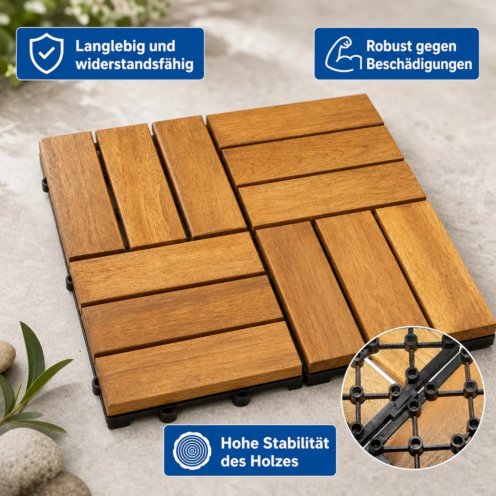 Terrassenfliesen, Akazien Terrassenfliesen, Mosaik CLICK 30x30x2,4 cm, Holzfliesen Terrasse