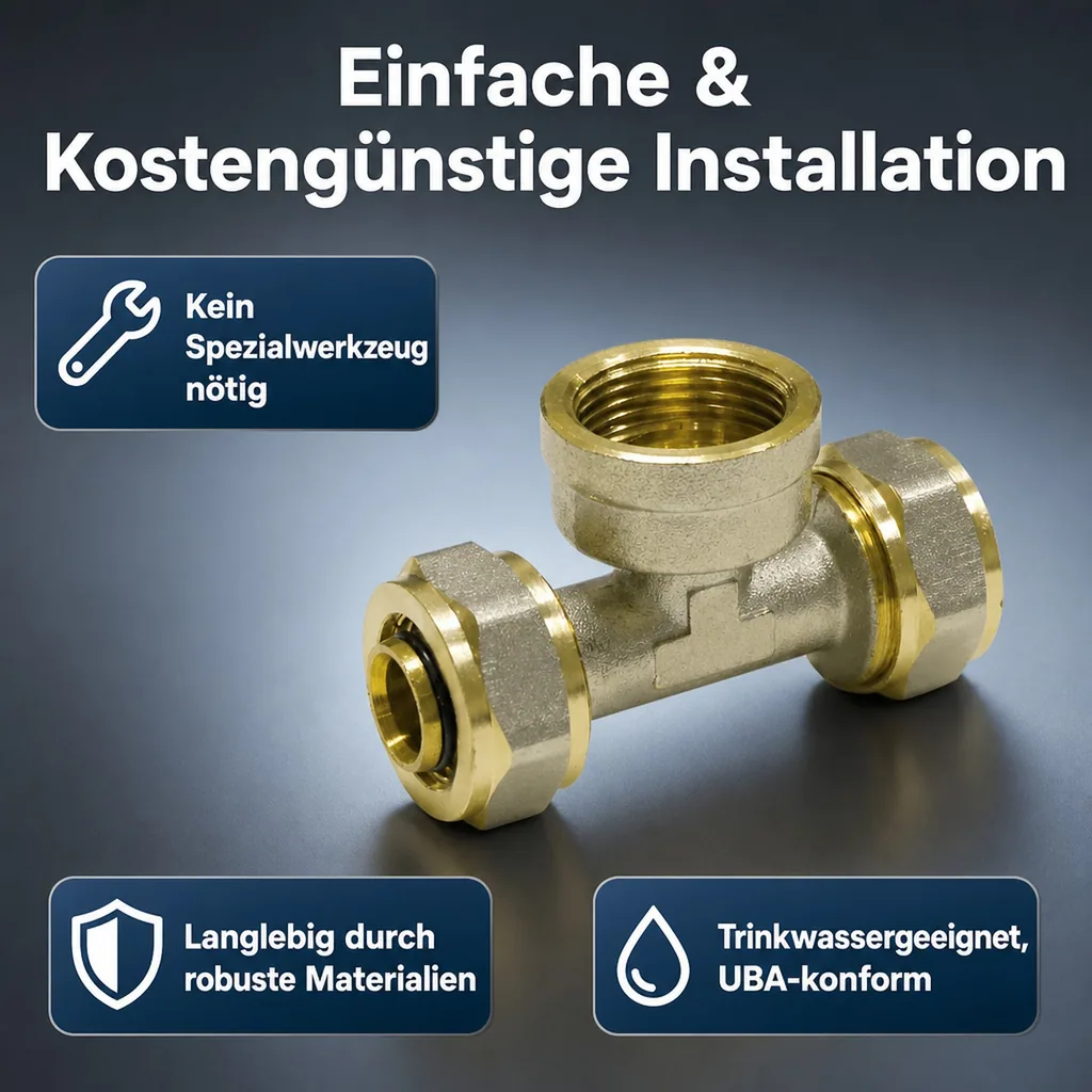 Schraubfitting T-Stück, 20mm, 1/2 Zoll IG, Heizung, Installation
