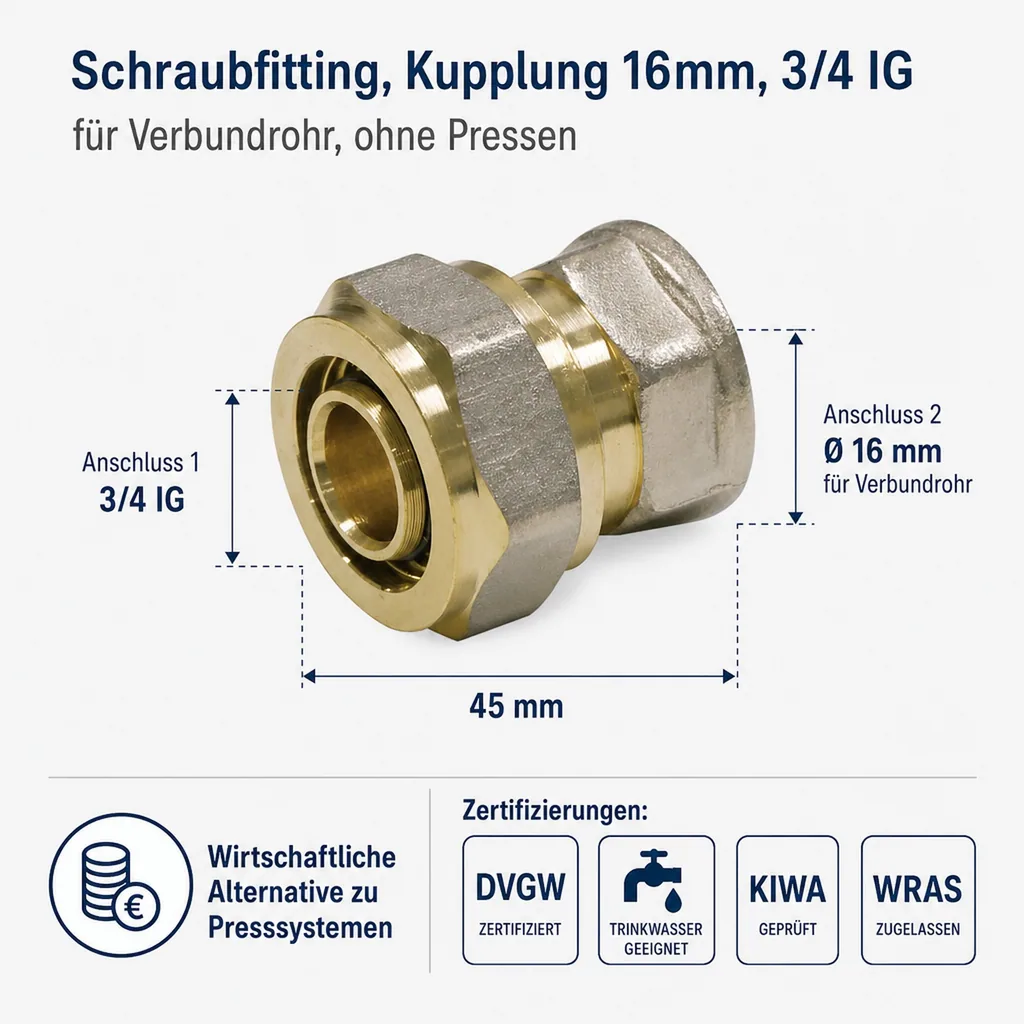 Schraubfitting, Kupplung 16mm, 3/4 IG, für Verbundrohr, ohne Pressen