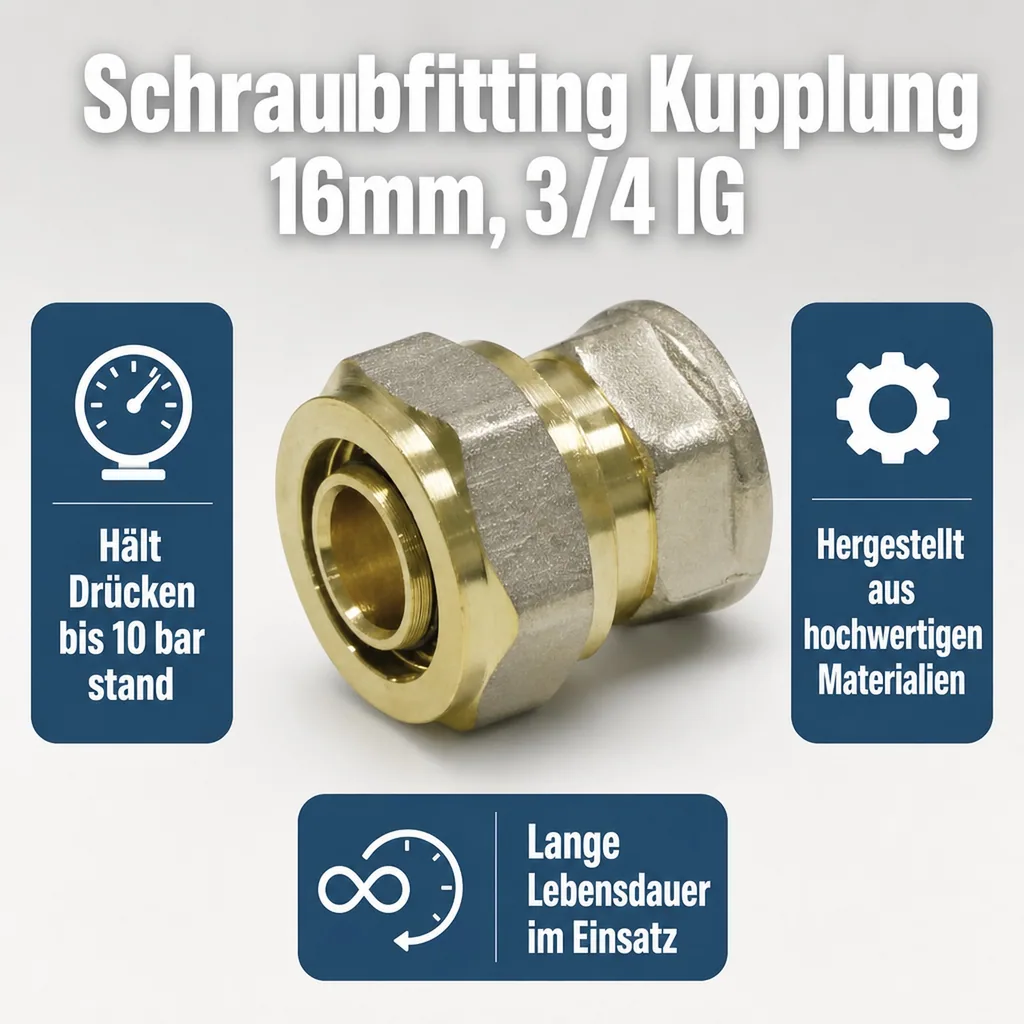 Schraubfitting, Kupplung 16mm, 3/4 IG, für Verbundrohr, ohne Pressen
